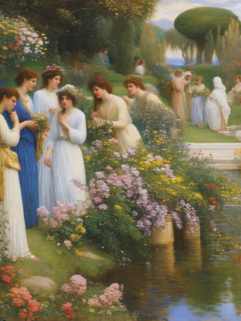 03206-1773708131-victorian painting, sir lawrence alma-tadema style, group of people in a white temple near a lake on a garden full of flowers an.png